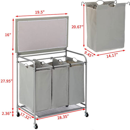 Laundry Sorter Cart 3-Bag Heavy-Duty with Ironing Board